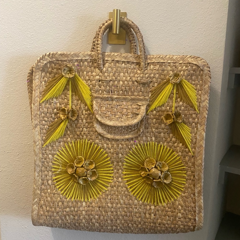 Handcrafted Straw Tote Beach or Market Bag with Yellow Accents